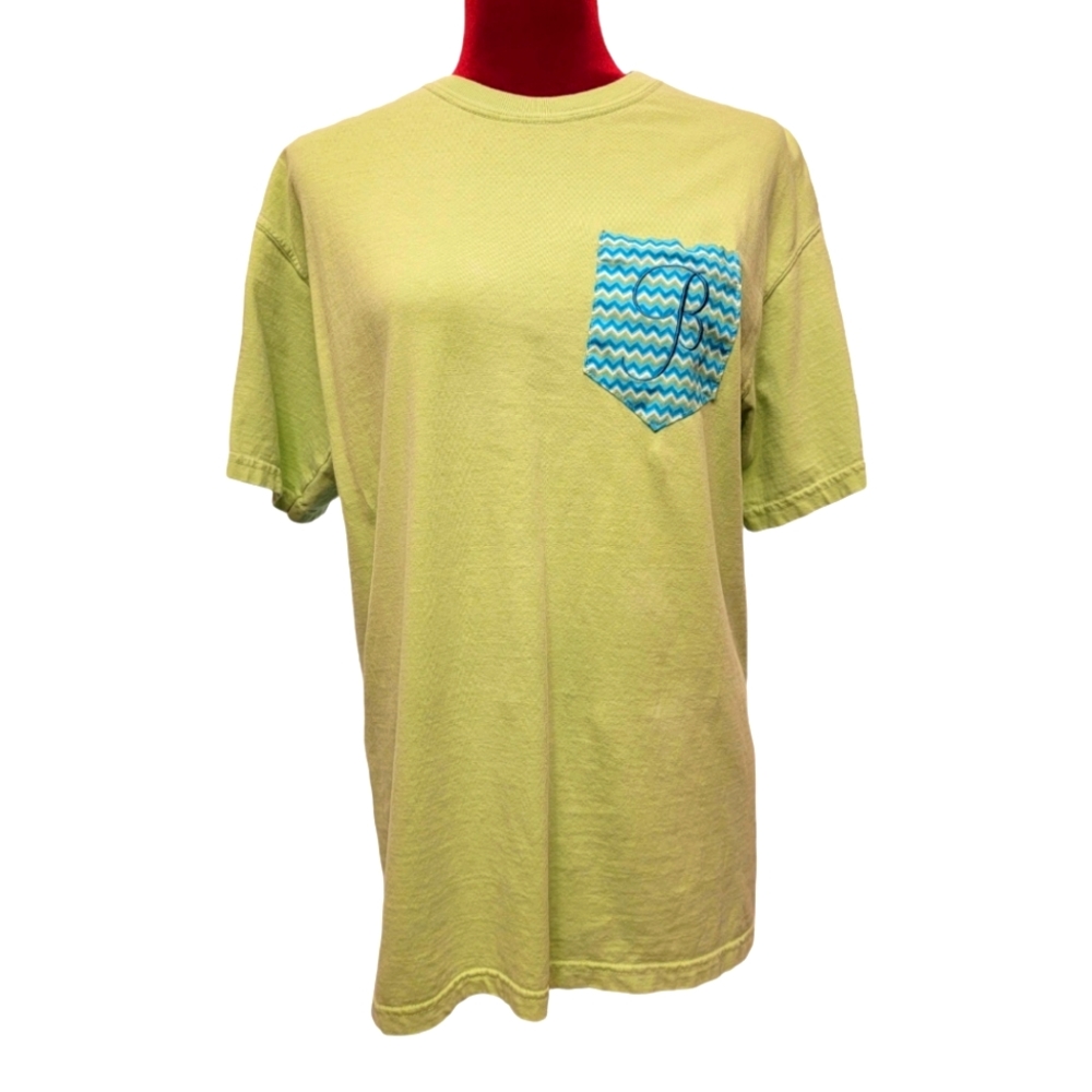 Comfort Colors lime green t-shirt with embroidered "B" on pocket